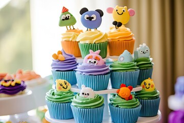 A colorful cupcake tower with cartoon - themed toppers for a child’s birthday party