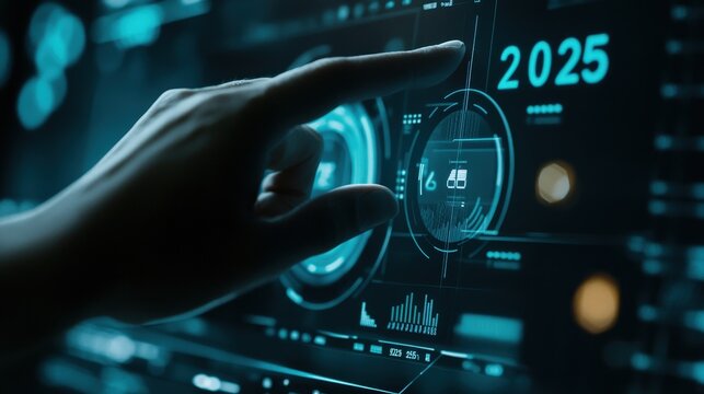 Hand interacting with futuristic user interface displaying data analytics, projections for 2025, and advanced technology concepts in digital finance and business analysis.