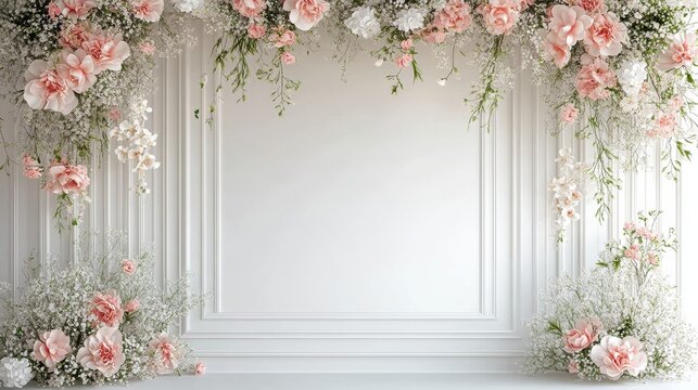 Maternity backdrop, wedding backdrop, photography background with delicate flowers and white wall