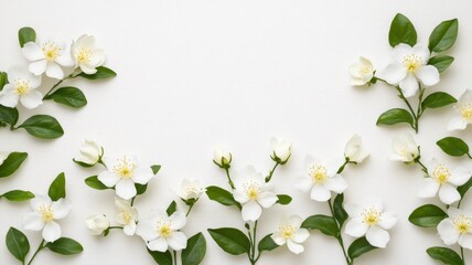 Fototapeta premium Sprigs of white flowers macro jasmine and green leaves are arranged on a white background, creating a natural border with copy space for text