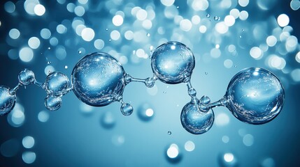 Blue background with bubbles and water molecules vector illustration. Water tech, science, or beauty industry concept design