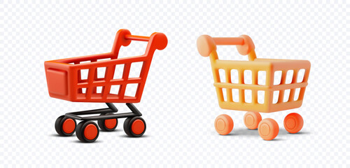 3D vector illustration of two orange shopping carts with wheels on a transparent background. Perfect for e-commerce, retail branding, or marketing designs that need a modern shopping icon. © ZinetroN