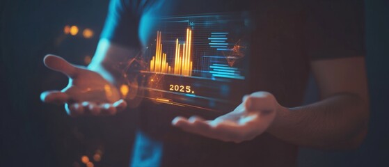 Hands holding a digital screen displaying financial data and graphs, illustrating concepts of investment analysis, market trends, and economic forecasting.