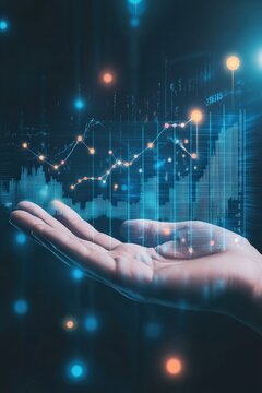 Hand with digital financial data analysis, displaying graphs and analytics trends. Future technology, stock market performance and investment opportunities concept.