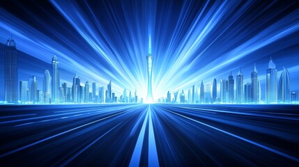 The city skyline comes alive at night, adorned with vibrant blue light rays that elegantly illuminate the towering buildings. This stunning display highlights the innovative and modern architecture th