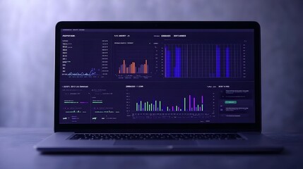 Comprehensive Performance Dashboard on Laptop with Dynamic Charts and Graphs in Professional Blue