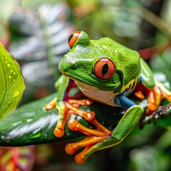 Fototapeta premium Curious Green Tree Frog with Bright Orange Feet Perched Atop a Vibrant Leaf in Rainforest Habitat