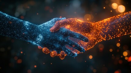 Hands shaking in digital particles representing partnership, collaboration, innovation and technology in business for growth, networking and future success concept.