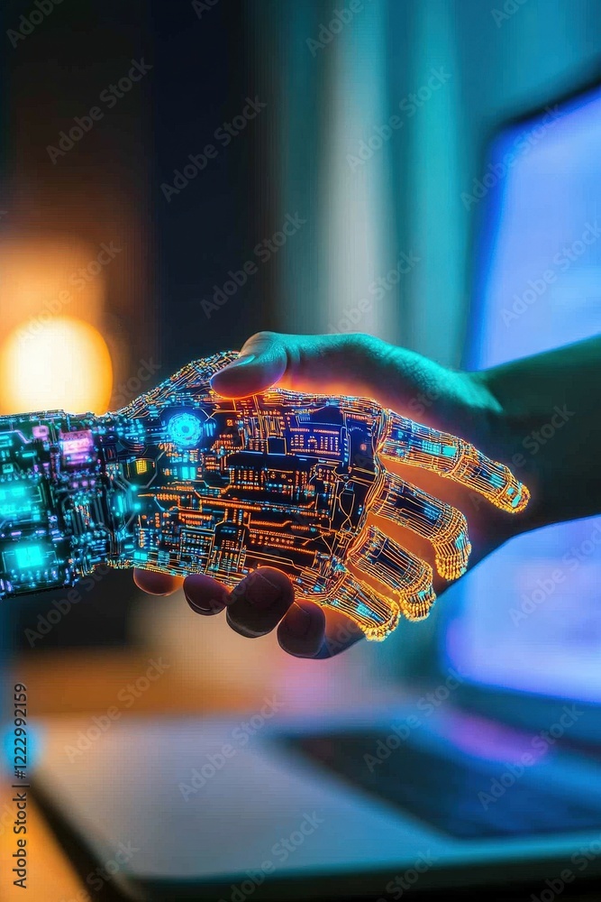 Wall mural handshake between a human hand and a robotic hand representing collaboration between technology and 