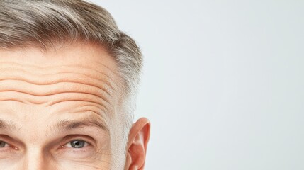 Forehead wrinkles highlighted under warm lighting in a close-up