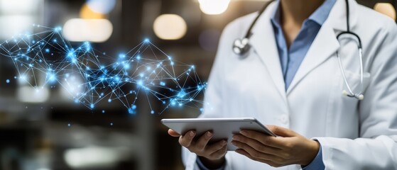 Healthcare professional using a tablet in a modern clinic, analyzing patient data, and leveraging digital technology for efficient medical consultations and treatment plans.