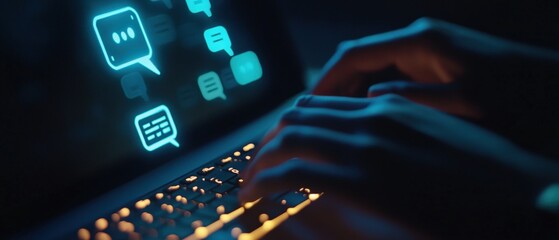 Laptop, hands typing on keyboard with messaging icons glowing on screen, representing digital communication, online chat, and modern technology interaction.