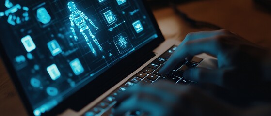 Laptop, hands typing on a keyboard with futuristic digital interface showing health data analysis, technology in medical research and data processing.