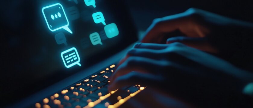Laptop, hands typing on keyboard with messaging icons glowing on screen, representing digital communication, online chat, and modern technology interaction. - Powered by Adobe