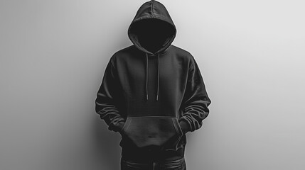 A man wearing a black hoodie standing against a textured wall with a neutral expression on his face in a casual urban setting