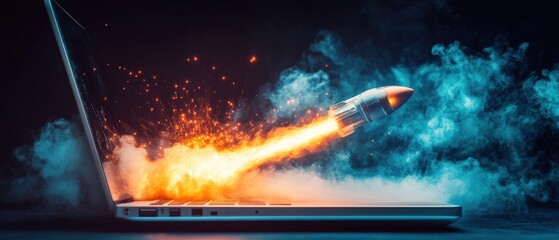 Laptop, rocket launching from screen with smoke and sparks, symbolizing innovation, technology advancement, digital transformation, and startup success.