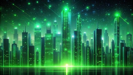 Fototapeta premium A futuristic cityscape with a green binary matrix background, featuring neon lights and skyscrapers, neon lights, modern architecture