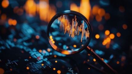 Magnifying glass focused on stock market analysis with digital graphs and data. Business strategy, investment research, and trading performance insights.