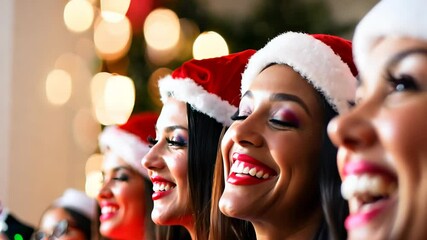 Joyful Women Singing Christmas Carol Song in Christmas Hats with Cheerful Expressions - Powered by Adobe