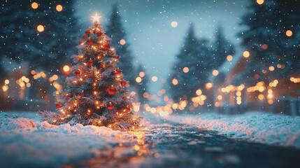 Naklejka premium Small christmas tree illuminated in snowy landscape with frosty ground and winter atmosphere captured at night