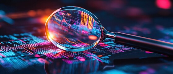 Magnifying glass on financial data graph showcasing stock market analysis for investment research, digital trends, analytics, and business insights in technology.