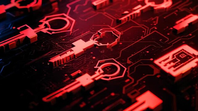 Abstract Digital Background Featuring Red Keys and Circuit Patterns