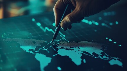 Market analysis, financial chart and hand using pen on digital display for investment trends in stock market. Data visualization and economic forecasting concept.