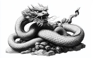 A monochrome vector illustration of a mythical creature statue with a serpent-like body and the head of a dragon, drawn in vintage wood engraving style using pen and ink