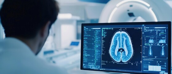 Medical professional examining brain scan on computer screen in advanced healthcare facility. Neurology research, MRI imaging technology, and patient diagnosis analysis.