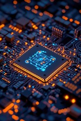 Obraz premium Microchip, circuit board with glowing components, illustrating advanced technology concepts, digital processing, computing hardware, and electronic innovation trends.