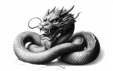 Obraz premium A monochrome vector illustration of a mythical creature statue with a serpent-like body and the head of a dragon, drawn in vintage wood engraving style using pen and ink