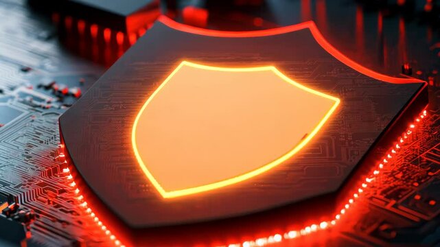 Digital Shield Symbol on Circuit Board Background with Glowing Effect