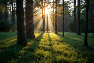 Sunlit forest clearing with sparkling dew at sunrise