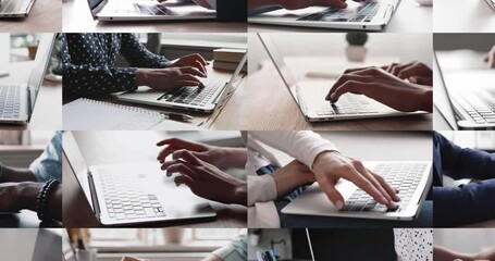 Cropped close up collage view unrecognizable diverse people using laptops sit at desk at home or office. Modern digital tools for work, business and communications, global connectivity, remote work - Powered by Adobe