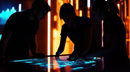 People collaborating with interactive technology, analyzing data on touchscreen in modern workspace. Innovation, teamwork, and digital solutions for business growth.