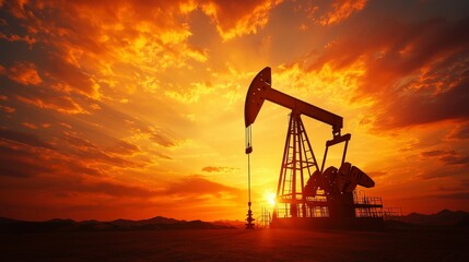 Oil Pump Jack Silhouette Against Dramatic Sunset Sky Colors