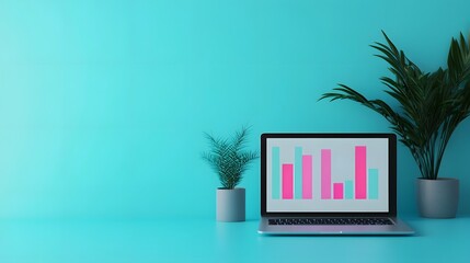 Sleek Analytics Interface on Laptop with Illuminated Charts on Modern Blue Background