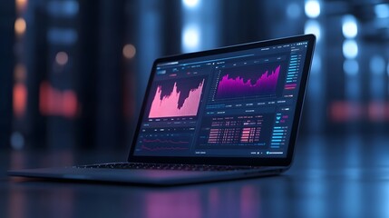 Illuminated Analytics Interface on Laptop with Modern Blue Background