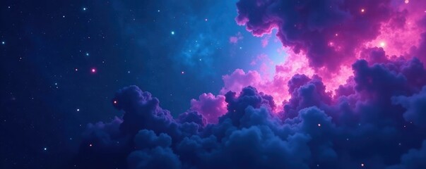 dark blue nebula background with glowing pink and purple nebula clouds, space, navy blue