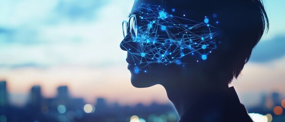 Profile of a person with digital connections overlay against a sunset skyline, representing technology, innovation, artificial intelligence, and future vision in urban environments.