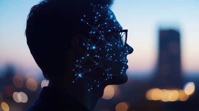 Profile of a man with digital technology representing neural networks and data analysis, set against a city skyline at dusk. Innovation, AI, and modern computing themes.