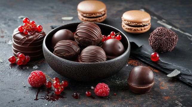 assortment of delectable chocolate treats including bonbons macarons and other confections artfully arranged with fresh berries