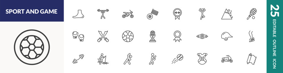Obraz premium outline sport and game icons set. editable linear ankle, motocross, weight lifting medal, and other 22 icons in this category isolated on transparent background.