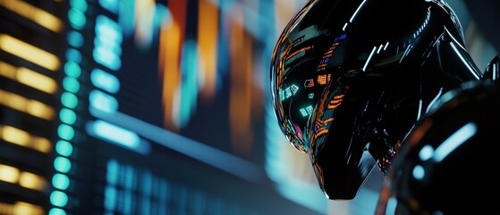 Robot, AI technology and digital data analysis on screens in futuristic finance environment with stock market trends and performance metrics for investment insights.