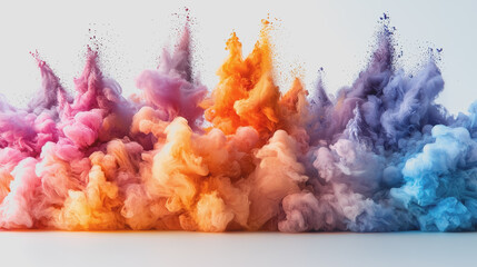 Fototapeta premium Colorful smoke swirling on a white background creating an abstract pattern in vibrant hues of red blue green and yellow for artistic and design purposes