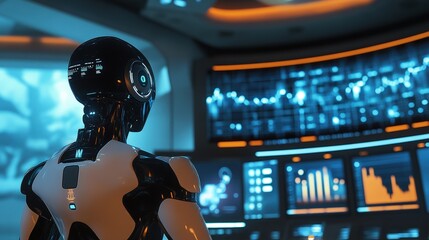 Robot analyzing data in a futuristic control room, surrounded by screens displaying financial charts, market trends, and technological advancements in AI.