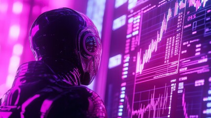 Robot analyzing stock market data on digital screens, futuristic technology visualizing trends and trading patterns with vibrant neon colors in finance environment.