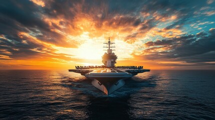 Fototapeta premium Majestic Aircraft Carrier Sailing at Sunset Over Calm Ocean Waves