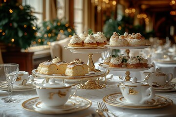 Elegant afternoon tea spread with delicate pastries and cakes set against a festive backdrop
