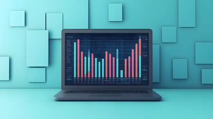 Modern Laptop with Digital Analytics Dashboard and Holographic Charts on Blue Background